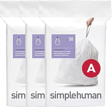 simplehuman Code A 90 Count Custom Fit Liners, Drawstring Kitchen Trash Bags, One-by-One Mess-Free Dispense, Extra Thick & Double Seamed, 50% PCR Plastic, 4.5 Liter / 1.2 Gallon, White