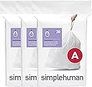 simplehuman Code A 90 Count, Dispenser Pack Custom Fit Liners, Drawstring Trash Bags, 4.5 Liter / 1.2 Gallon, White