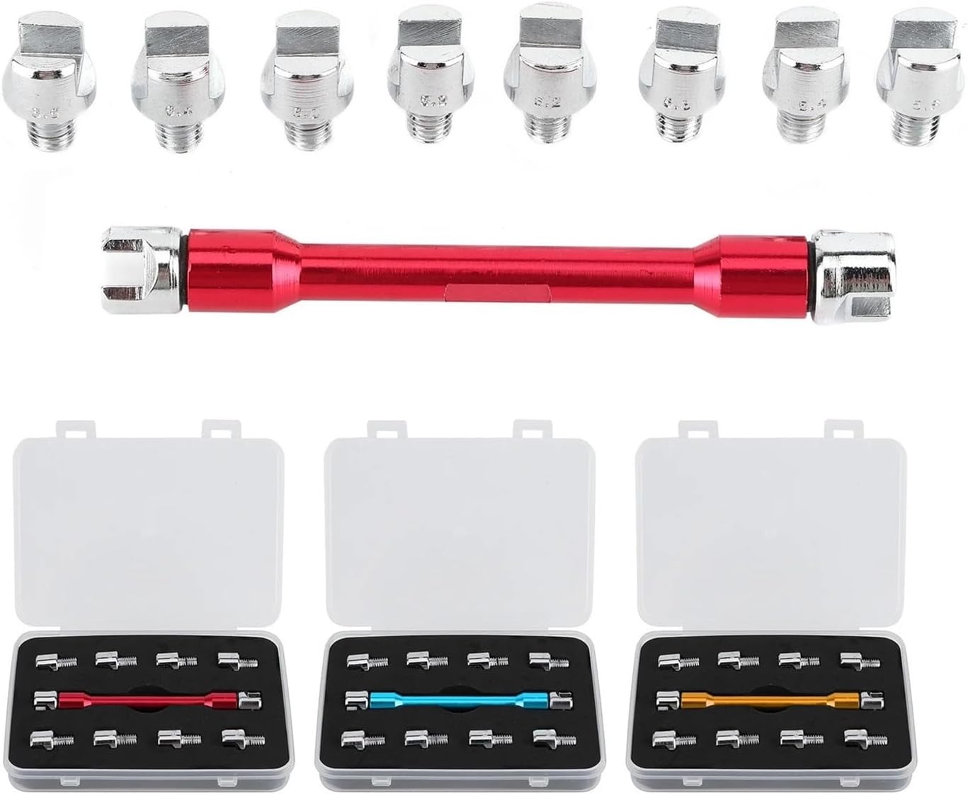 1Pc Adjusting Spoke Tension Motorcycle Spoke Wrench Set for Most Motorbikes Handle Repair Tool with 10 Pieces Tips(Red)