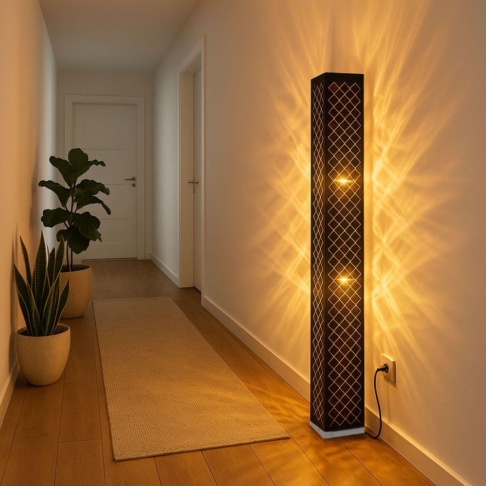 Stehlampe Stoff Standlampe Designleuchte schwarz Wohnzimmer mit Textilschirm Blattgold, Metall silber, 2x E27, LxBxH 15x15x118 cm