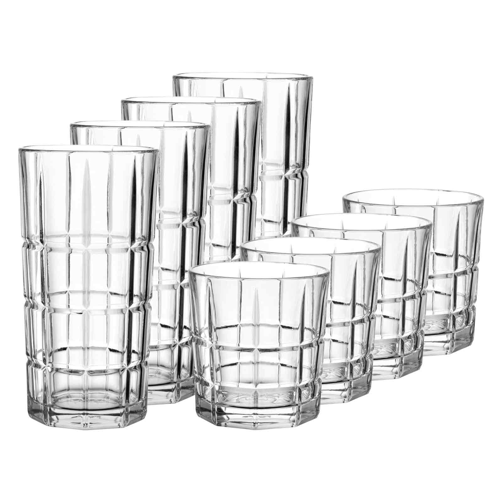 Leonardo Spiritii Nova Bargläser-Set 8-teilig, Klare Wassergläser | Spülmaschinenfeste Becher, Gläser mit Facettenschliff, Rille als 4cl-Einschenkhilfe, Jeweils 4 Longdrink- und Whiskybecher