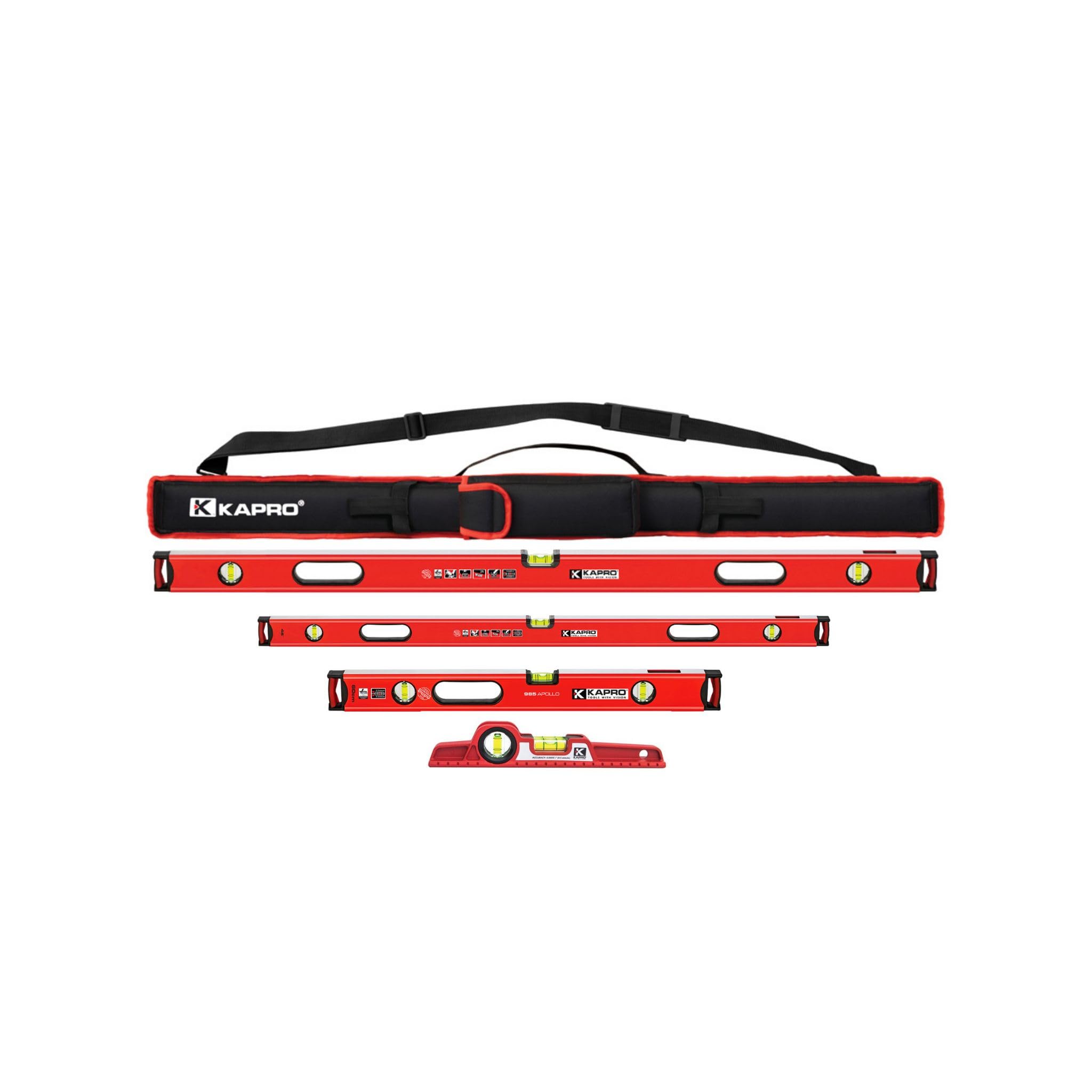 Kapro - 985 Master 5 piece Level Set - 48", 36", 24", 10" Levels - Non-Magnetic - With Carrying Bag - Features Hand Calibrated Acrylic Vials, Dual-View Plumb Site & Shock Absorbing End Caps