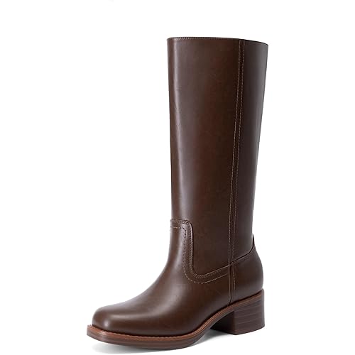 DREAM PAIRS Women's Mid Calf Riding Boots Square Toe Retro Banana Boots Chunky Block Heel Pull-On Fashion Boots