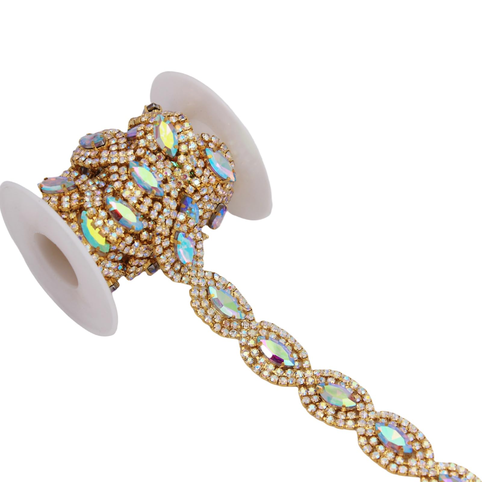 Handmade Bling Holographic AB Rhinestone Chain Trim Embellishment by The Yard Sew On Applique for Wedding Jewelry Bridal Dress DIY Crafts (Gold AB)