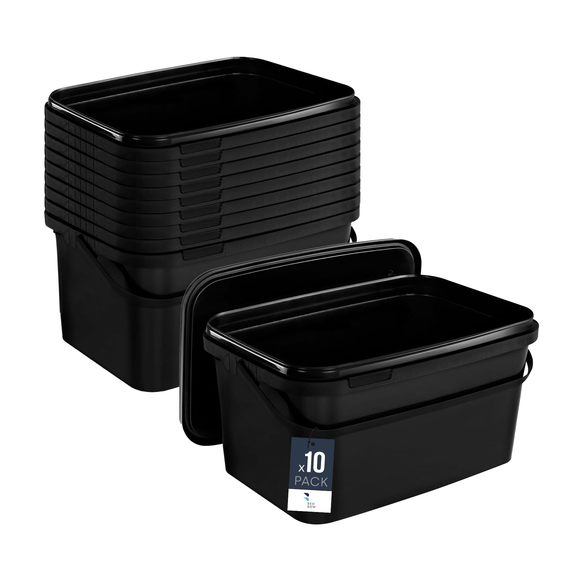 Benbow Black Rectangular Bucket With Lid 1.1 Gal (10X 5L) - Food-Safe, Stackable Plastic Box With Handle - Airtight, Leak-Proof, Odourless, Ideal For Home And Commercial Use - Empty