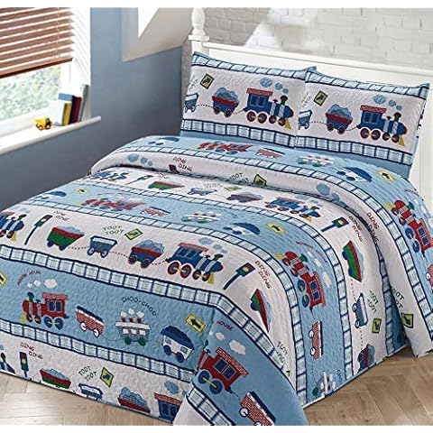 Better Home Style Red White and Blue Choo Choo Train Railroad Tracks Kids/Boys/Toddler Coverlet Bedspread Quilt Set with Pillowcases # Train (Twin) Cover