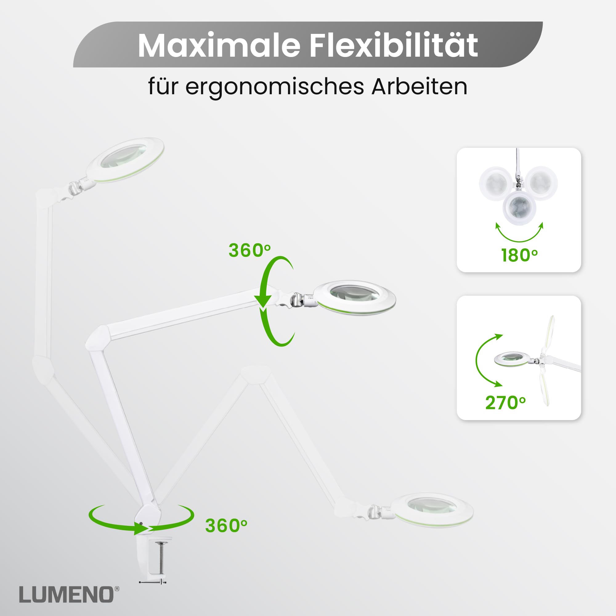 Lumeno Lambda M Lupenleuchte, dimmbar mit kristallklarer 127 mm Glaslinse, Ideal für Kosmetiksalons, Arztpraxen, Hobbybastler, Lesehilfe, Grün 3 Dioptrien