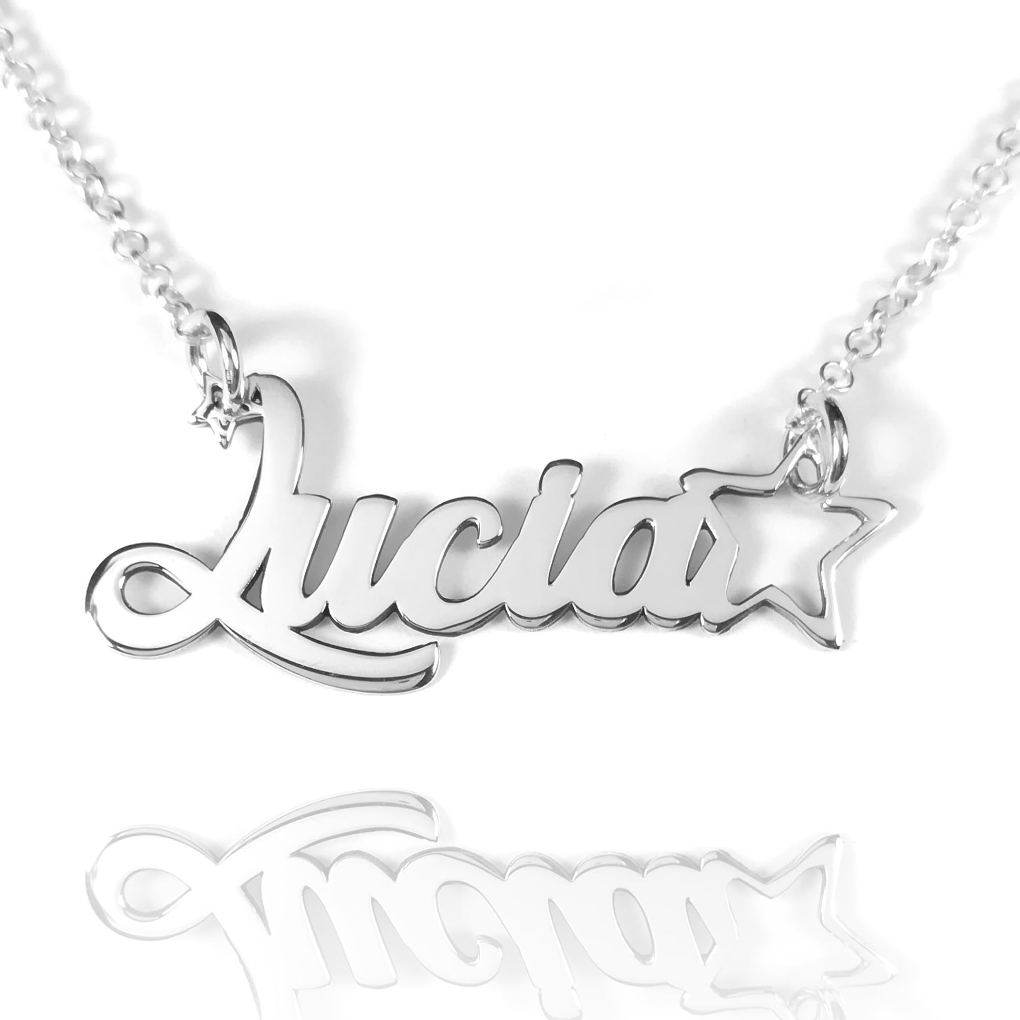 Collar con nombre personalizado en plata de ley 925 | Colgante nombre Personalizado 40x12mm aprox | Joya grabada única | Día de la Madre, cumpleaños. Modelo Lucia Estrella