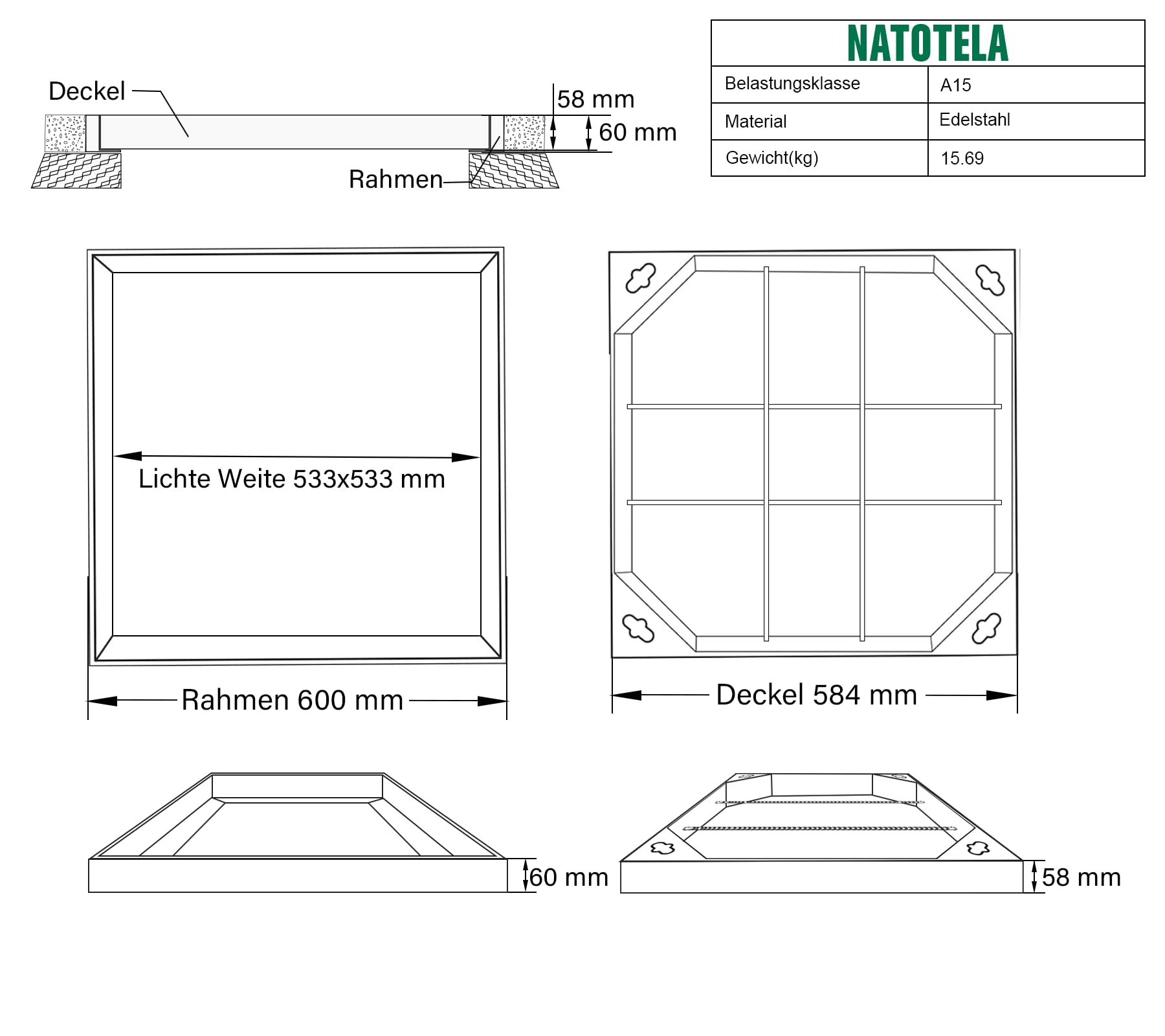 Schachtabdeckung Edelstahl V2A Außenmaß 600 x 600 x 60 mm Schachtdeckel mit Rahmen Auspflasterbar Befliesbar Kanaldeckel für Innen-/Außenbereich Flächenbündig Robust Rostfrei EN 124 A15