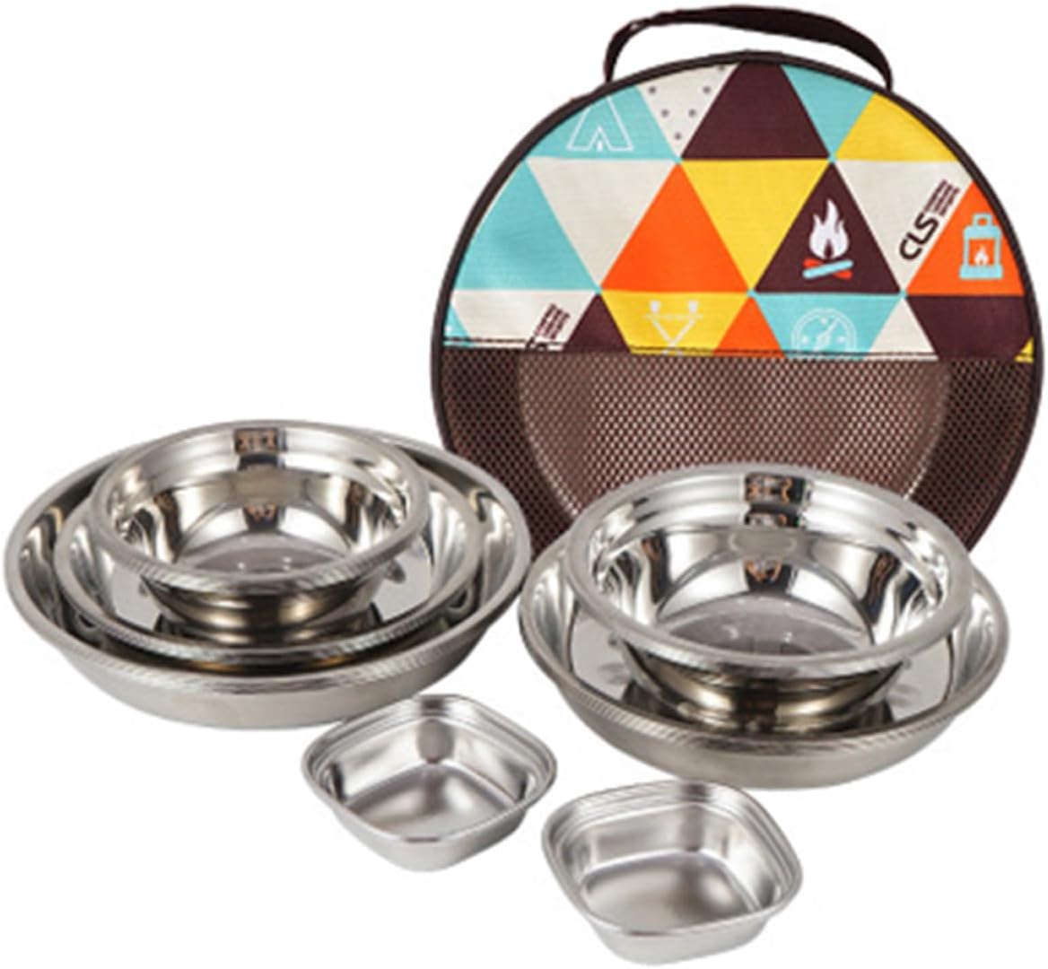 Portable Camping Tableware with Food-Grade Stainless Steel Plates Bowls Utensils Lightweight Outdoor Dining Gear with Storage Bag for Picnic Travel and BBQ