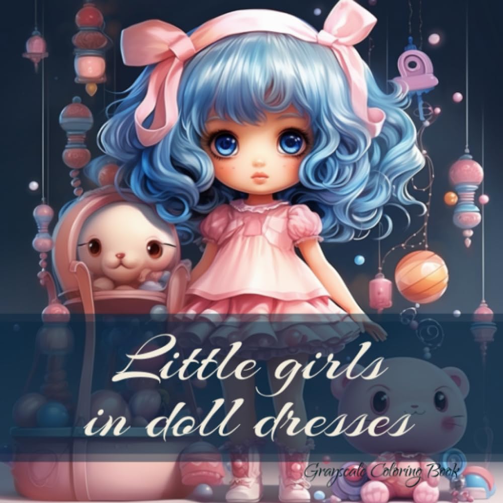 Little girls in doll dresses: Grayscale coloring book for adults