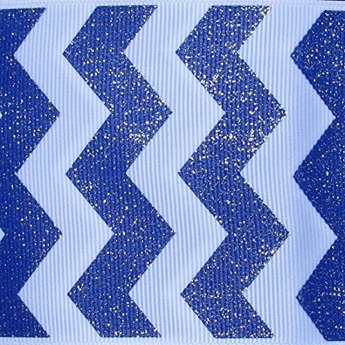 10 Yds Glitter Chevron Print Grosgrain Ribbon, 3 Inch Royal / White and One Ft Custom Print
