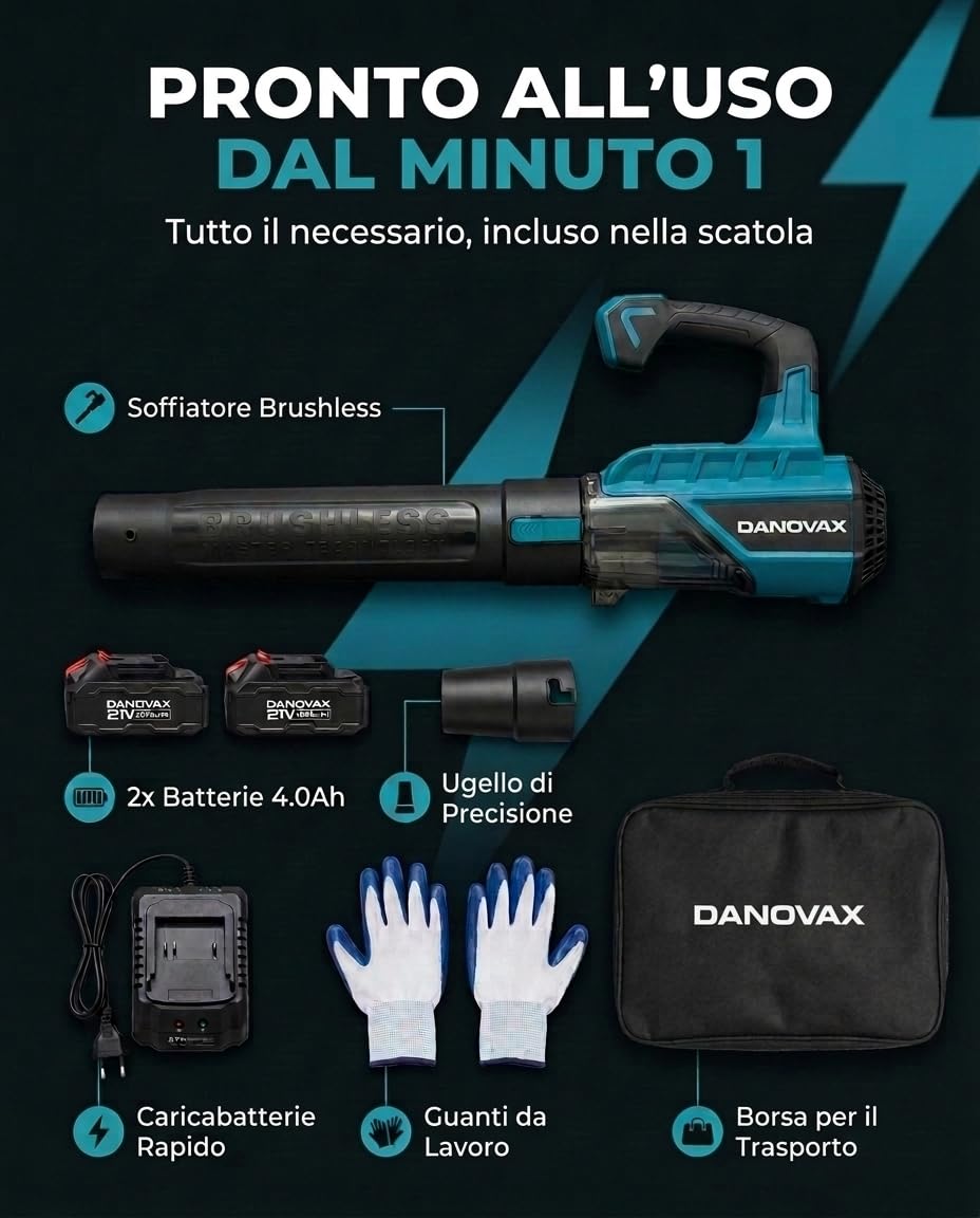 Soffiatore a Batteria, 2 batterie 4 Ah incluse, motore brushless, 3 velocità, grande potenza di soffiaggio fino a 260 km/h, caricatore con base, borsa per il trasporto e guanti inclusi