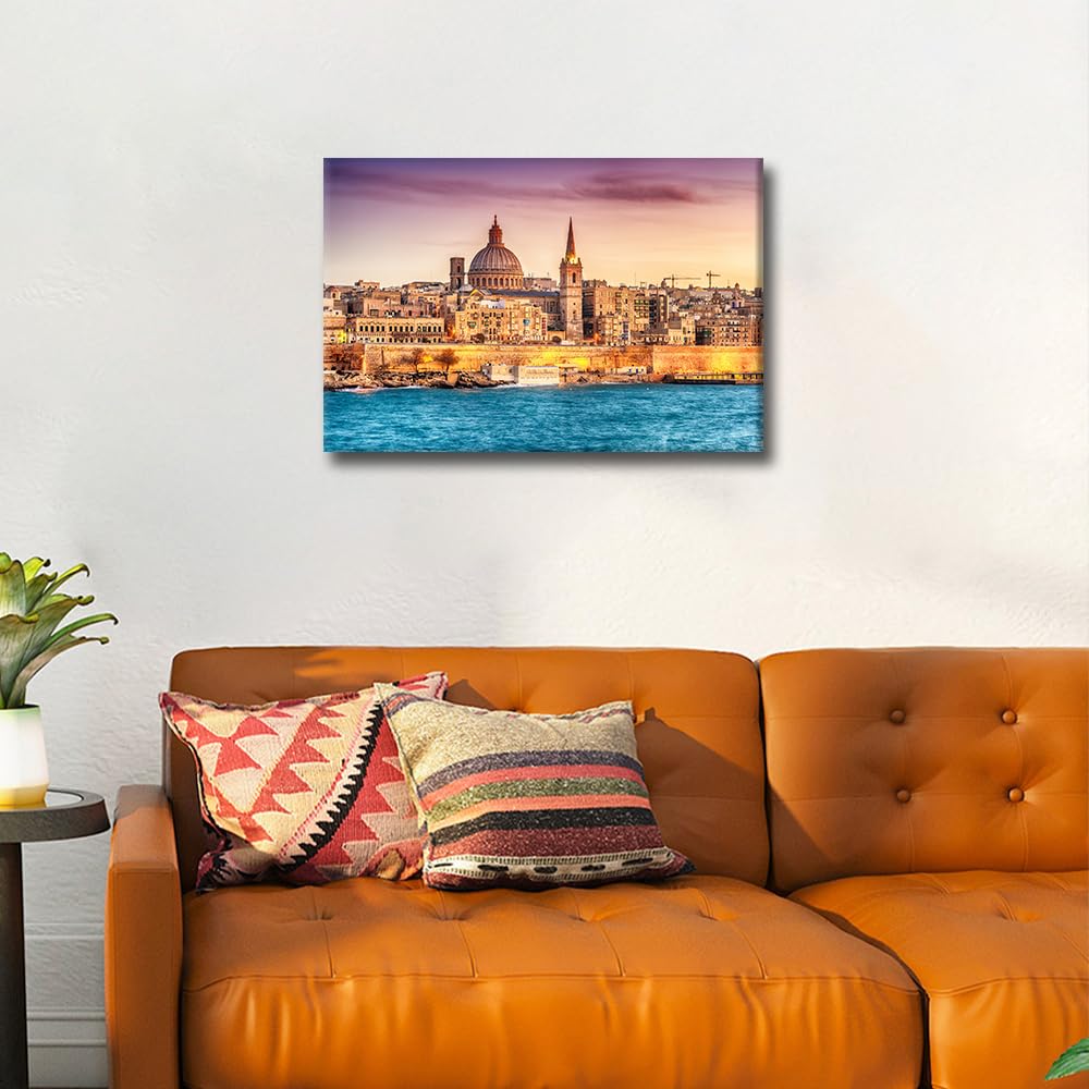 TISHIRON Valletta Skyline at Sunset Canvas Wall Art Europe City Malta Posters & Prints Artwork Contemporary Home Decor Stretched Canvas Picture for Living Room Bedroom Home Office Decor 24x16in - Image 4