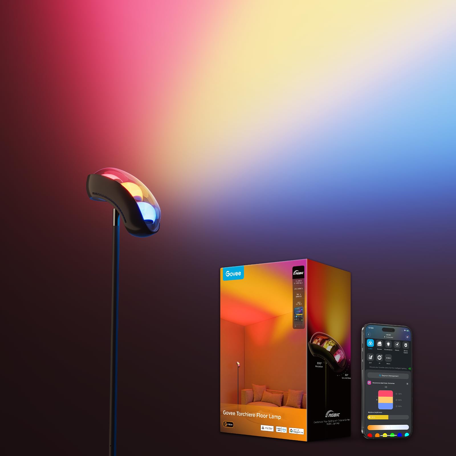 Govee Deckenfluter LED Stehlampe, RGBWWIC 3-Zone Control Stehleuchte | 16m² Gewährleisten, 780lm, 77 Szenen, Musik Sync, 170cm Stehlampen Schwarz für Wohnzimmer Schlafzimmer Deckenbeleuchtung Deko