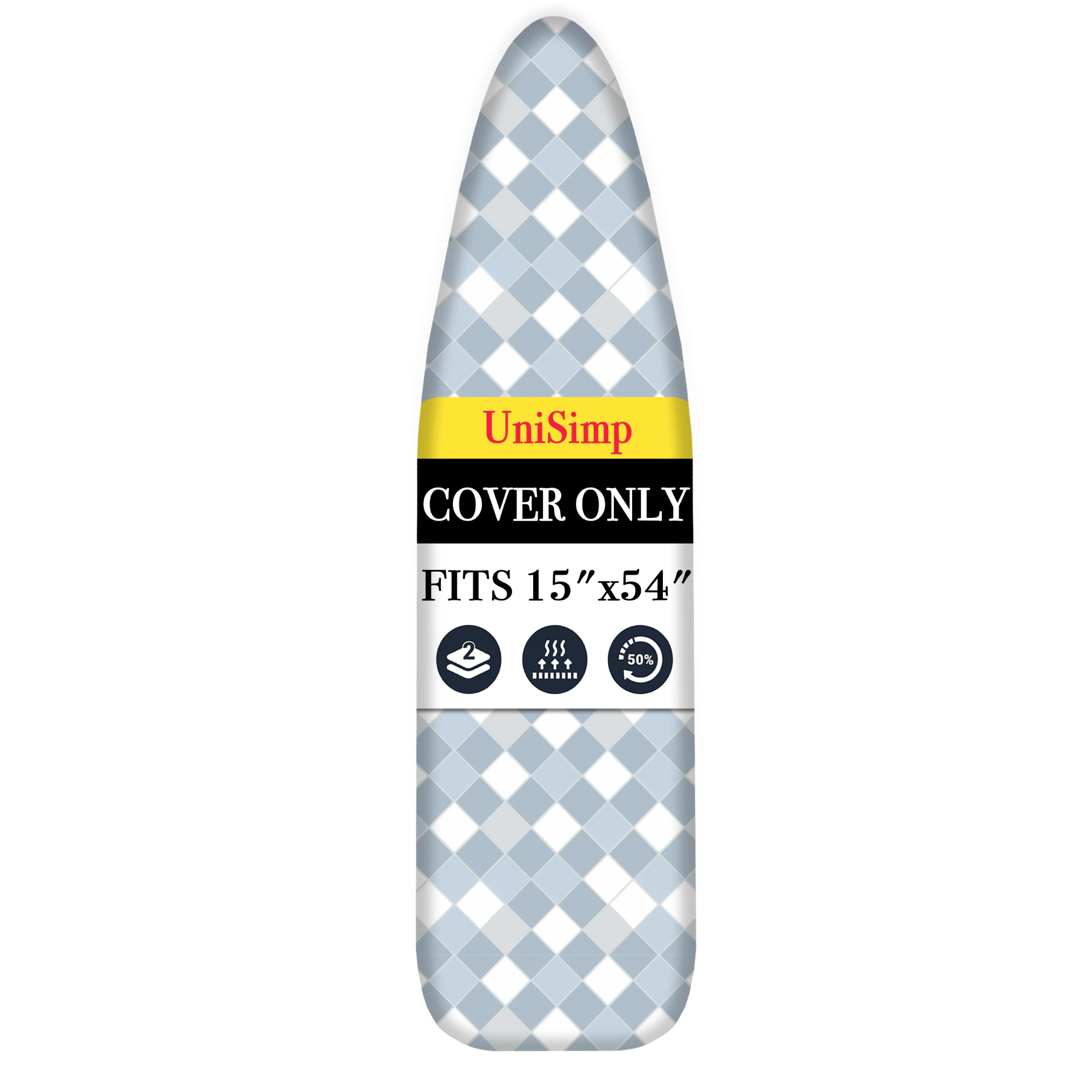 UniSimp Ironing Board Cover and Pad 15"x54" Extra Thick Natural Cotton, Scorch and Stain Resistant Padding, Standard Size Iron Board Cover with Fasteners Heavy Duty Elastic Edge, Heatproof Checkered