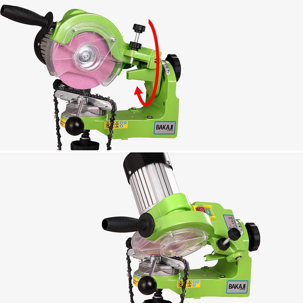Bakaji - Afilador de cadenas eléctrico de banco para cadena de motosierra, con apriete automático y ángulo de afilado ajustable, potencia 230 W, 3000 rpm, 2 discos 145 mm incluidos