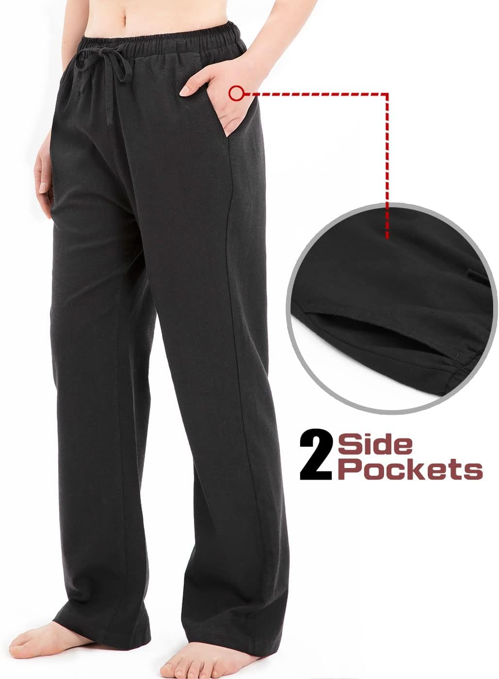 Bonnorth Women's Cotton Linen Elastic Drawstring Waist Loose Wide Leg Solid Pants with Pockets