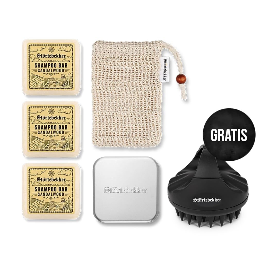 Störtebekker Zestaw prysznicowy klasy premium, mocny szampon z drewna sandałowego (x3), woreczek sizalowy, puszka z aluminium + gratis pędzel do skalp – zestaw szamponu do włosów i skóry głowy