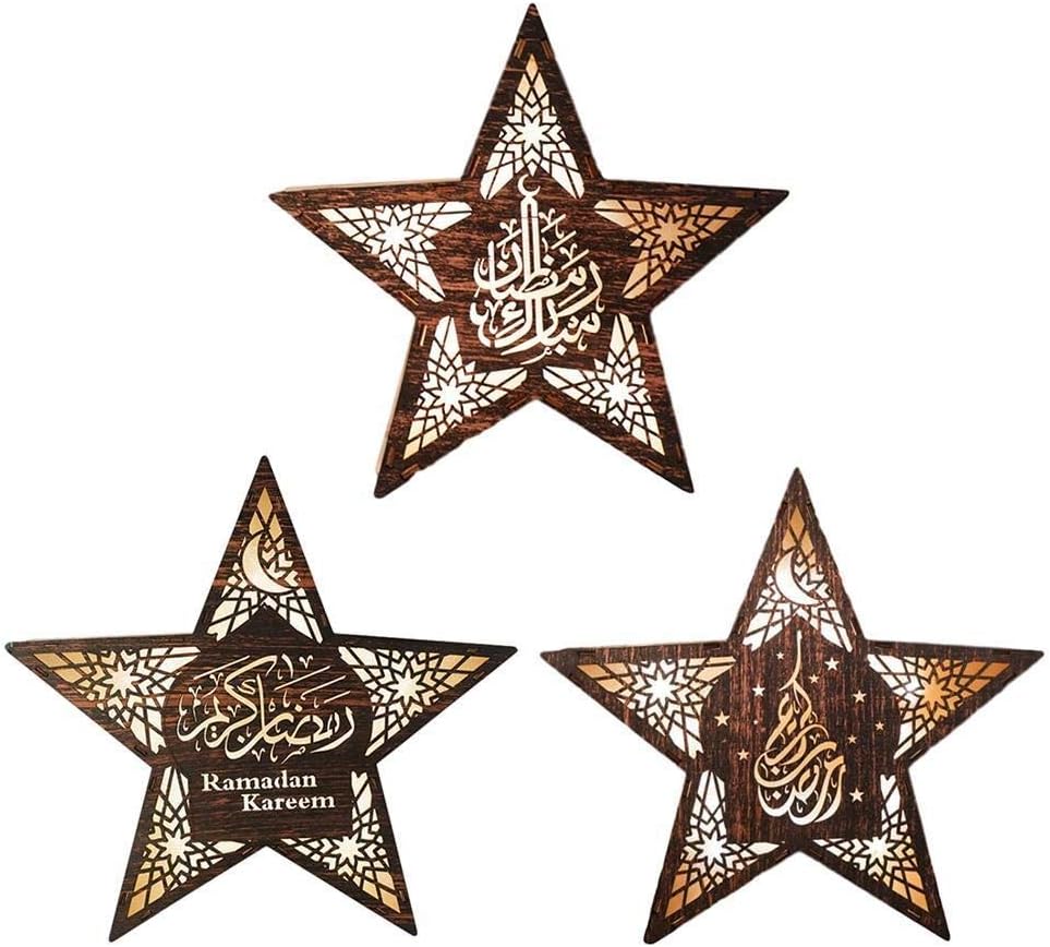 LED Wooden DIY Lamp Festival Palace Decorative Light for Muslim Islam Eid Mubarak Ramadan Star Shape Lamp Lantern Decoration (Size : Medium) (Large)