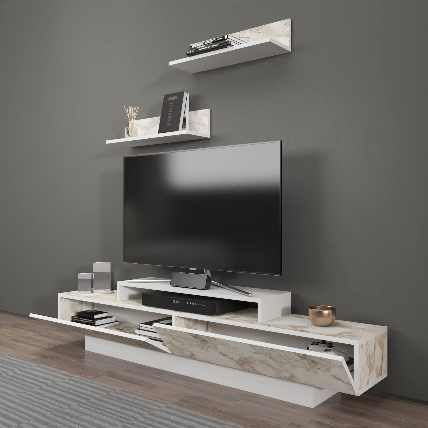 Decorotika Lusiana TV Stand & Entertainment Center for TVs up to 75”, Modern Media Console with Wall Mounted Accent Shelves, Storage Cabinet for Living Room & Home Theater (Marble White)