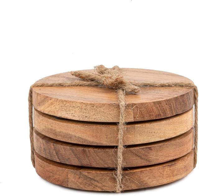 Samhita Acacia Wood Round Coasters Protection Tabletop ,Countertop and Surfaces from Water Marks or Damage | Home & Office Decor | Housewarming Gift (Set of 4) (10.16cm x 10.16cm x 1.27cm)