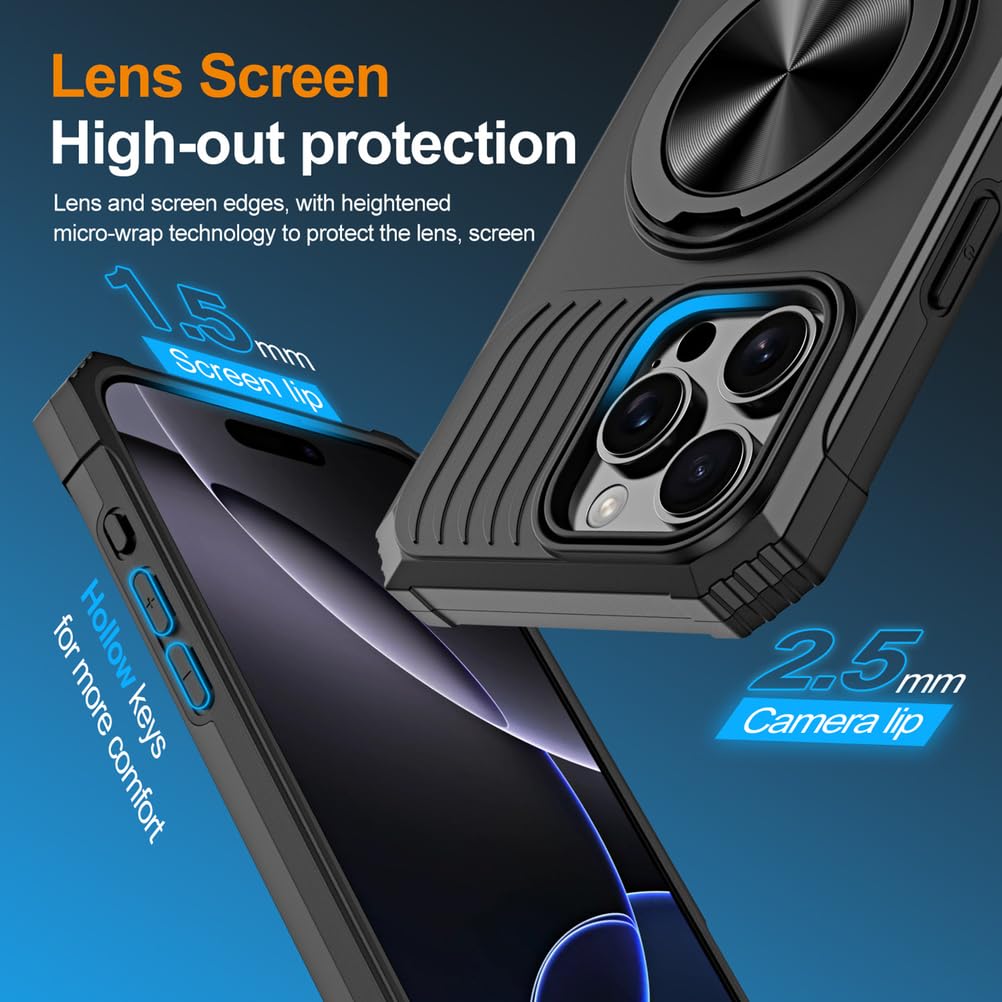 Magnetisch Hülle für iPhone 17 Pro Max/17 Pro/17 Air/17, Militär Stoßfeste rutschfeste Schutzhülle mit Drehbarer Ringhalter Handyhülle,Schwarz,17 Pro