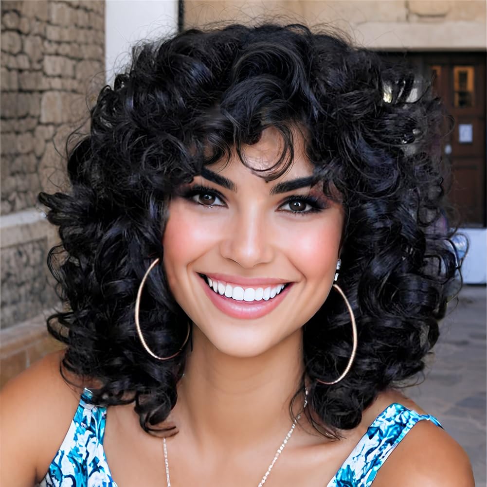 Curly Wigs for Women Synthetic Loose Curls Wig with Bangs 14 Inch Bob Hair (#1B Natural Black)