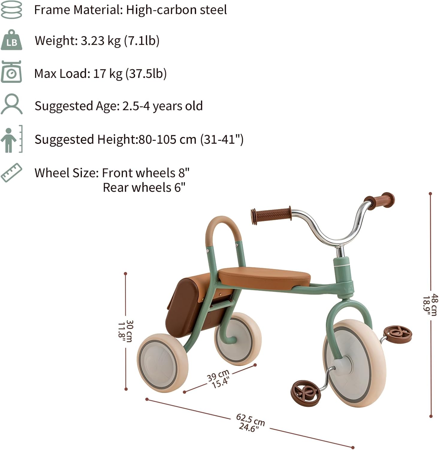 Kidpop Mate Toddler Tricycle Age 2.5-4 Kids First Birthday Gift Toy Bike with Handlebar Grips & Storage for Outdoor Play (Green)
