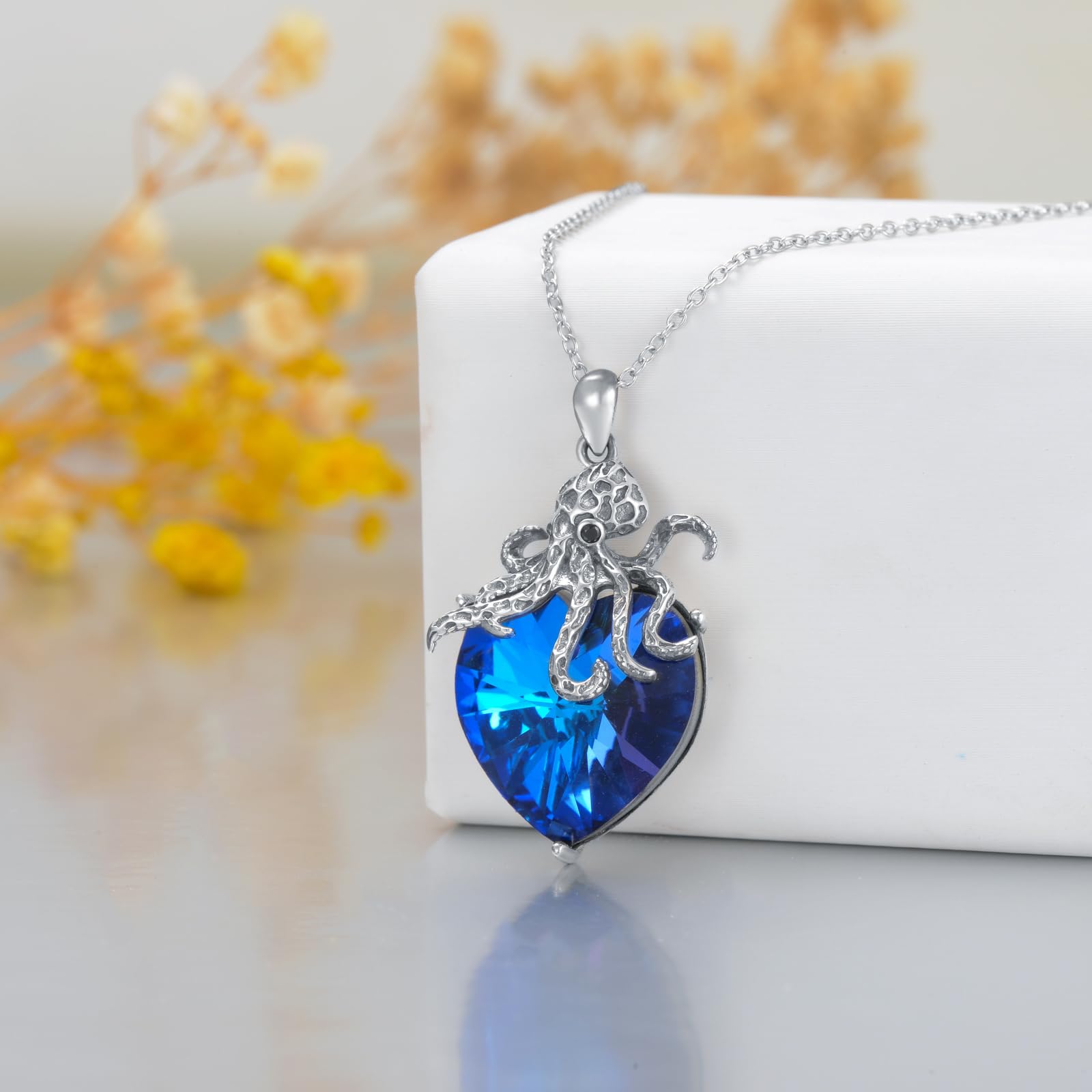 Plesitep Oktopus-Kristall-Halskette, 925er-Sterlingsilber, Oktopus-Anhänger, grün/blauer Kristallanhänger, Oktopus-Schmuck für Damen