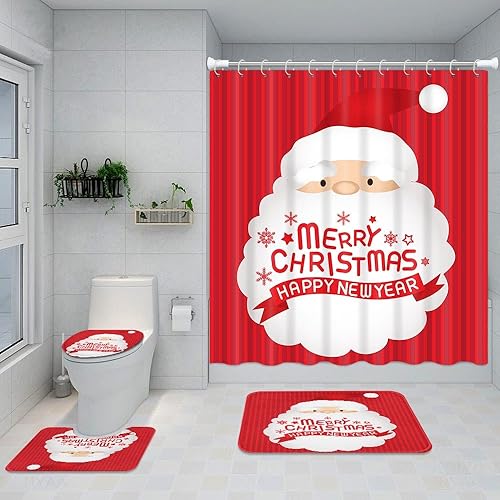 Miniatura 7 de Emvency Juego de 4 cortinas de ducha de Feliz Navidad, divertida cortina de ducha de Papá Noel con alfombras antideslizantes, cubierta de tapa de