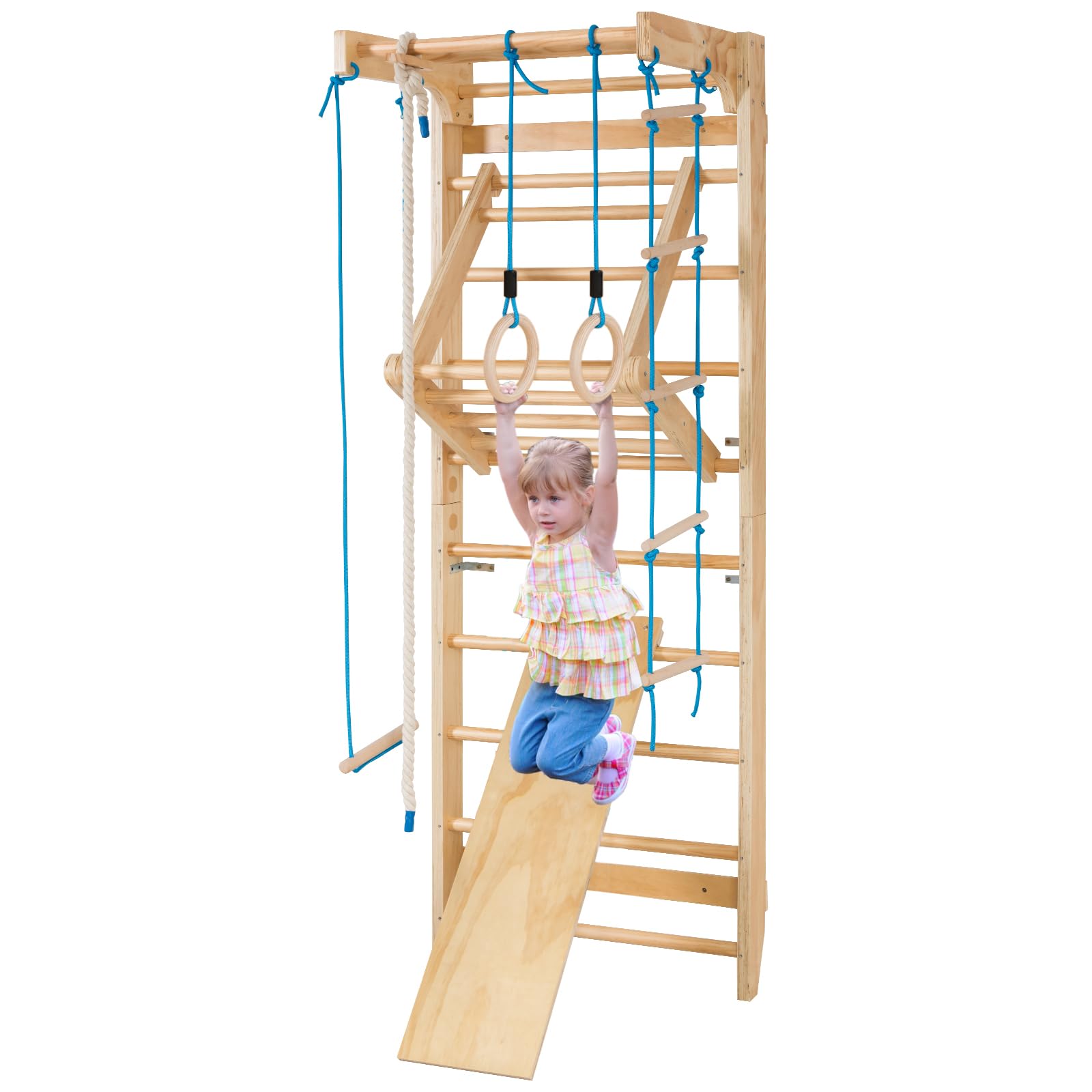 COSTWAY Espaldera Gimnasio Casa, Escalera Sueca Madera, Barra de Dominadas, Equipo de Entrenamiento para Adultos y Niños, Fitness Casa Deportiva Carga 100kg, 80x60x220cm, Natural