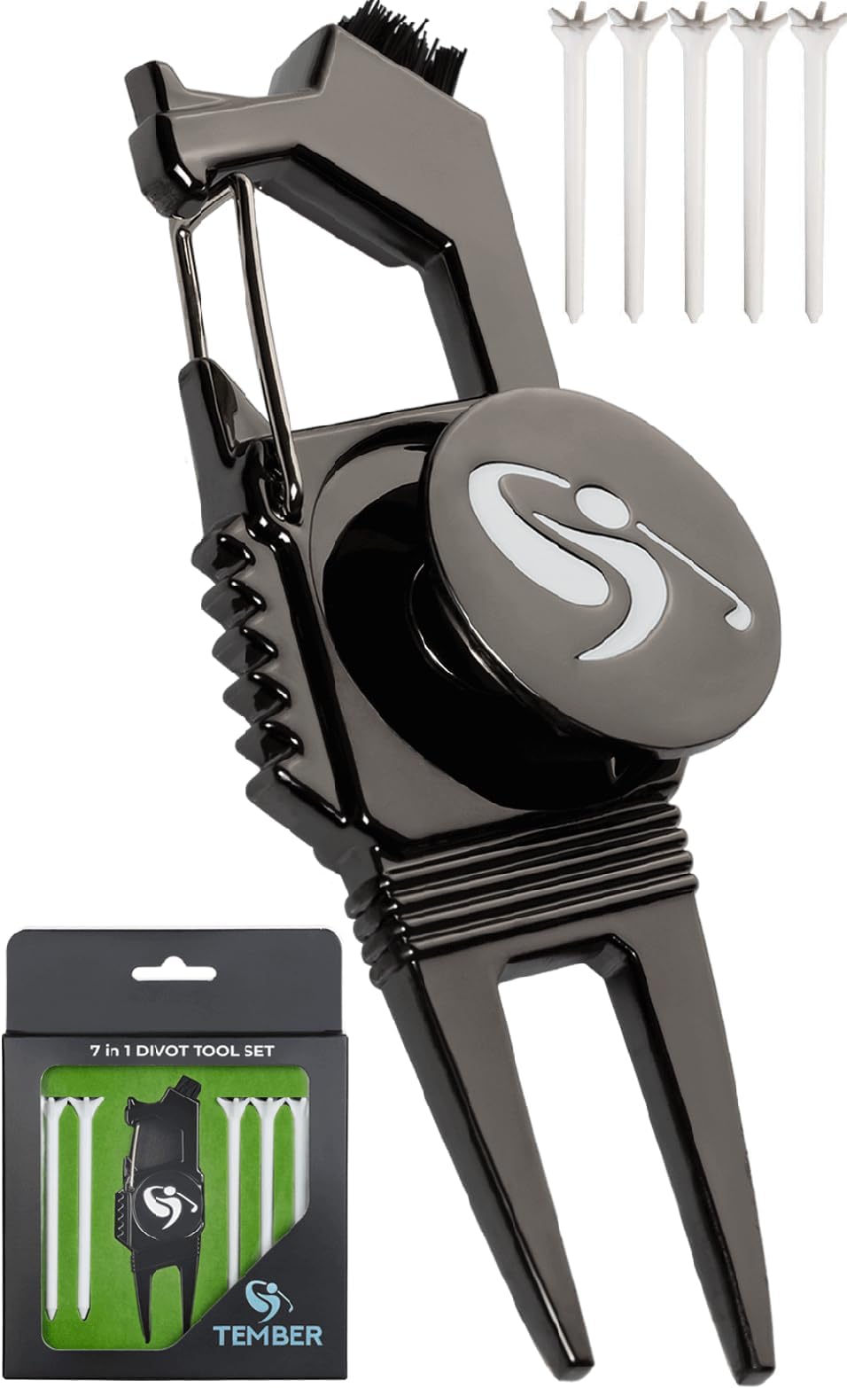 Tember Golf Divot Tool with Golf Ball Marker and Golf Tees 3 1/4 inch - Golf Gifts for Men - Golf Accessories for Women