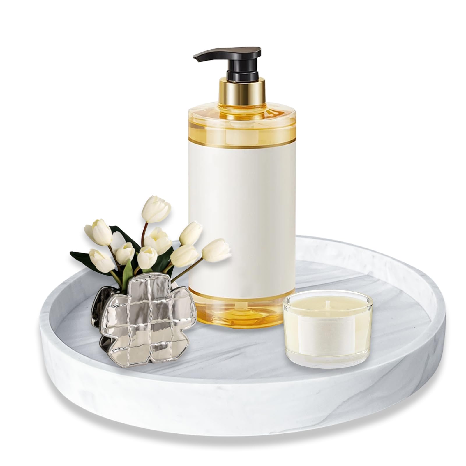 LELE LIFE Silicone Bathroom Vanity Tray, 7.1in Marble Bathroom Tray Countertop Organizer, Decorative Perfume Tray Coffee Table Dresser Counter Decor for Candle Jewelry Key (Round)