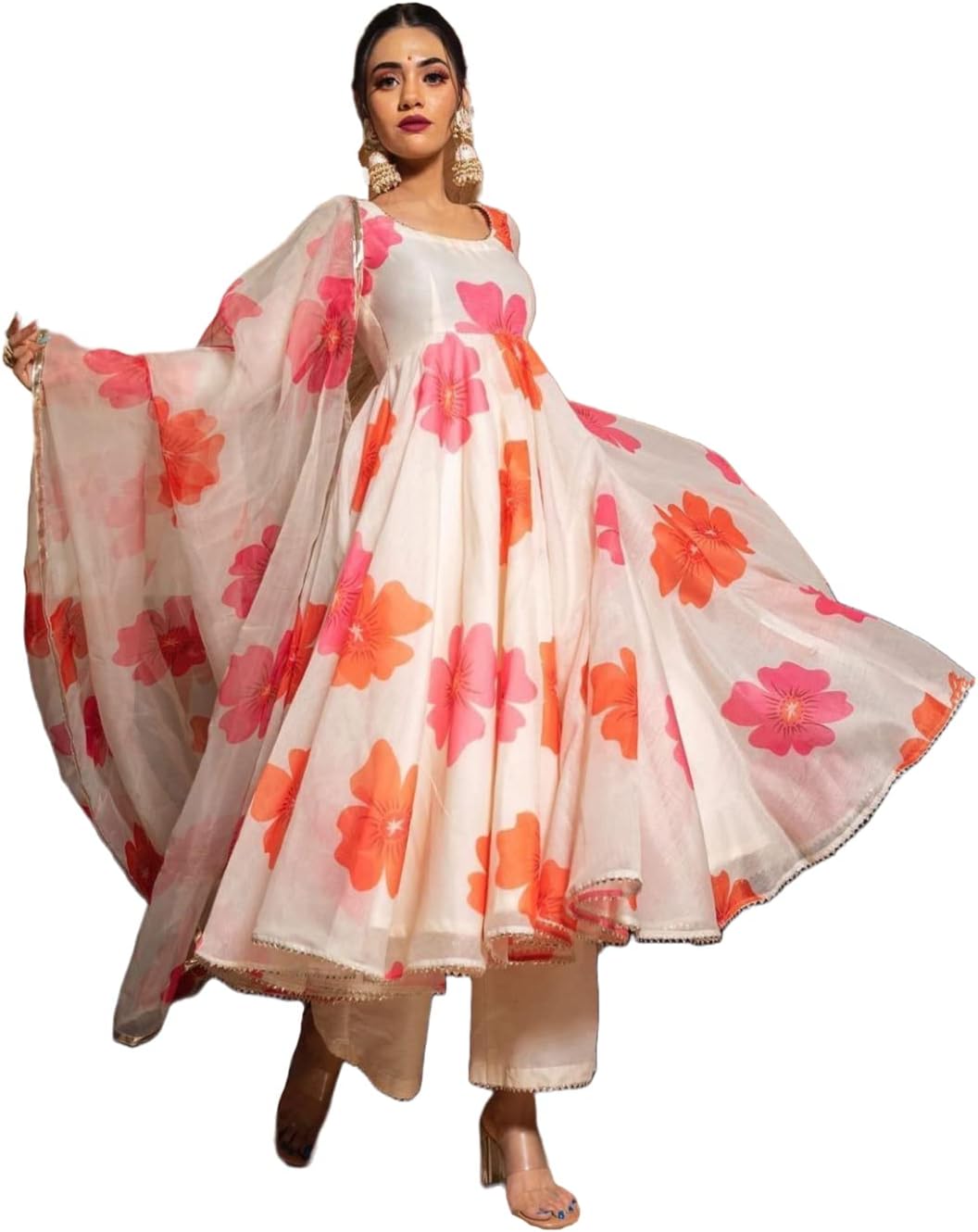Women's Chanderi Cotton Flowers Printed Anarkali Kurta and Pant with Dupatta Set