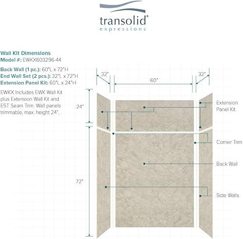Miniatura 238 de Transolid EWKX483696-41 Expressions - Kit de pared de ducha de 6 paneles con extensión, 36 pulgadas de largo x 48 pulgadas de ancho x 96 pulgadas