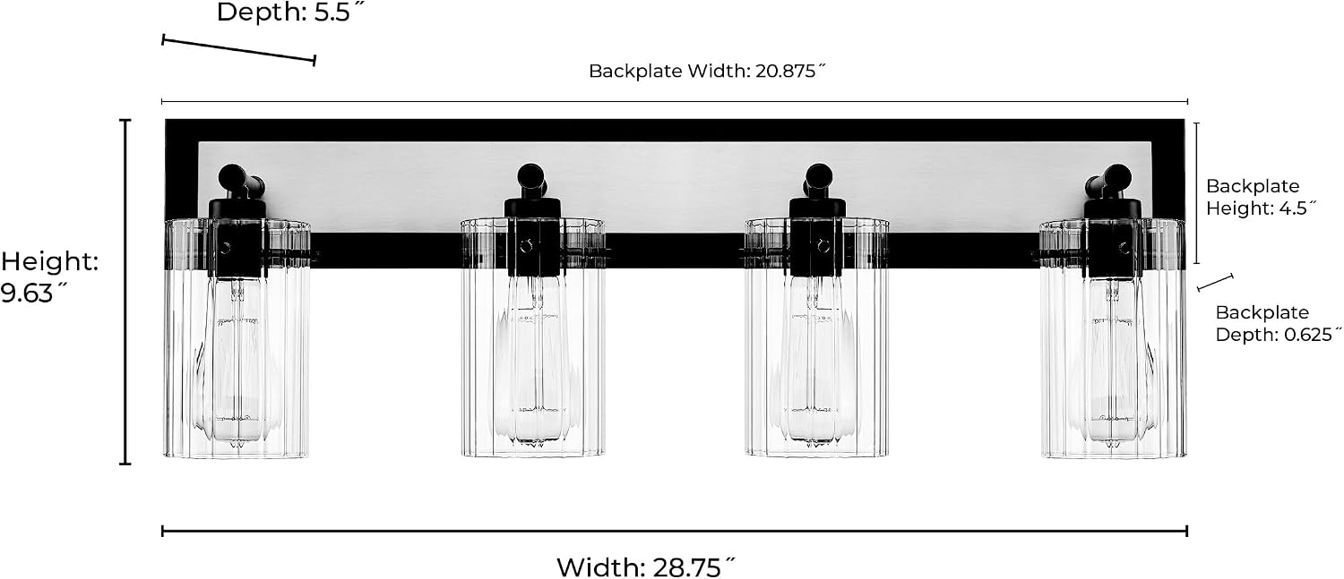 ML Lighting | Gasol Collection | 25004-MB/VB | 4 Light Vanity in Matte Black - Vintage Brass with Clear Ribbed Glass Shade | Versatile Design That adds High-End Texture and Elegance to Your Bathroom