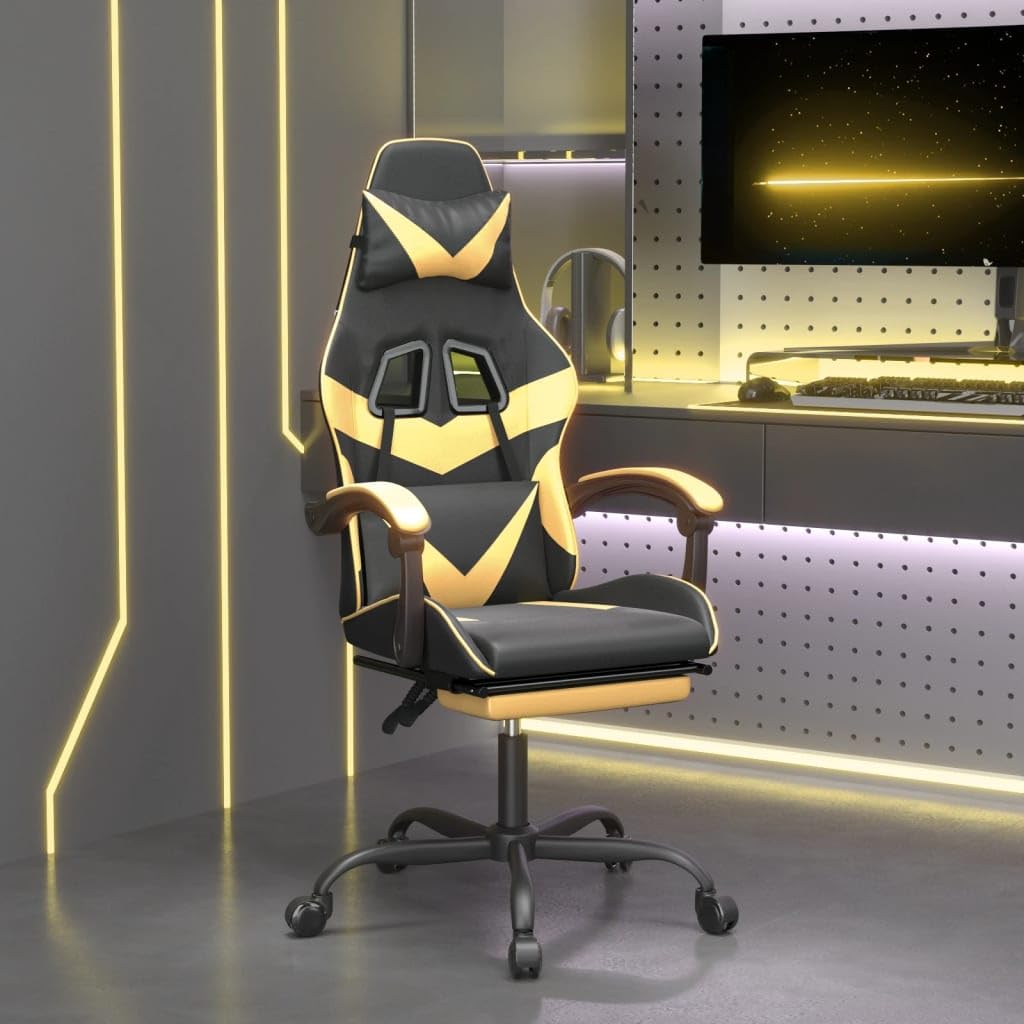 Drehbarer Gaming-Stuhl mit Fußstütze und Kissen aus Kunstleder in Schwarz & Golden, verstellbare Rückenlehne und Höhe, 360° drehbar, Robustes Metallgestell, max. 110 kg