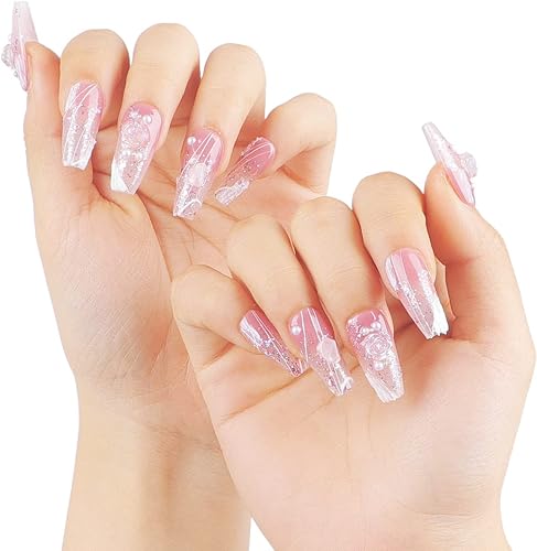Exqele Uñas postizas a presión hechas a mano, color rosa camelia de longitud larga para mujeres y niñas, uñas postizas de gel reutilizables pintadas