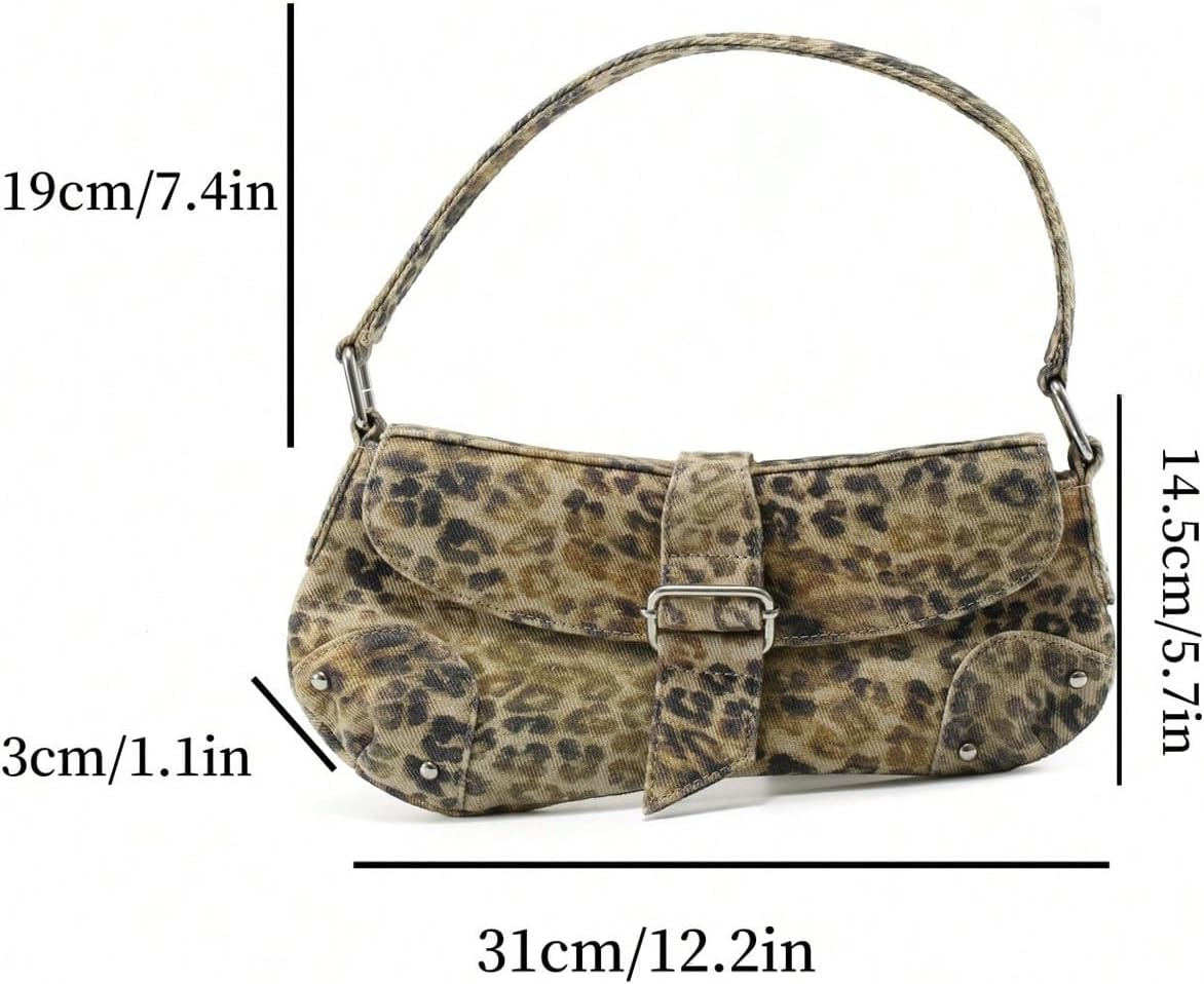 QWINEE Women's Y2K Leopard Print Shoulder Bag Denim Handbags Retro Cheetah Purses Top Handle Buckle Clutch Underarm Bag - Image 6
