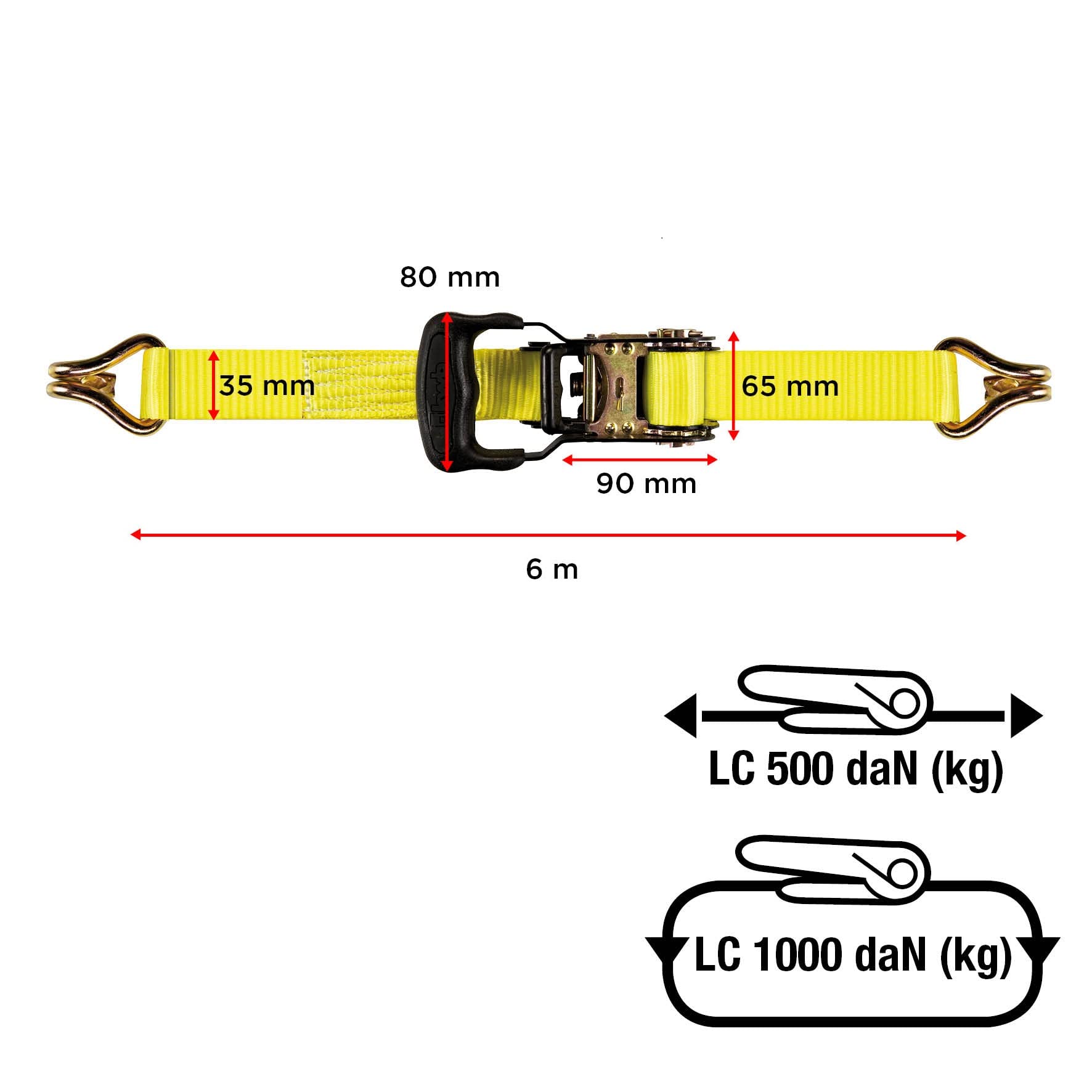 kwb 2x sangles d'arrimage 6 m x 35 mm, en sangle polyester résistante, avec déverrouillage confort et plaquette de contrôle, cliquet de serrage gainé de plastique, avec 2 crochets, testé TÜV/GS