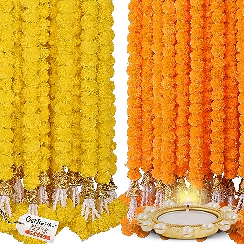 Image of ArtRIght Artificial genda phool for Decoration Flowers for Decoration Garland with Bell for Diwali & Festivals | 5 Feet Long 10 Pcs with 2 Diya (Orange+ Yellow) (Bell Y+O)