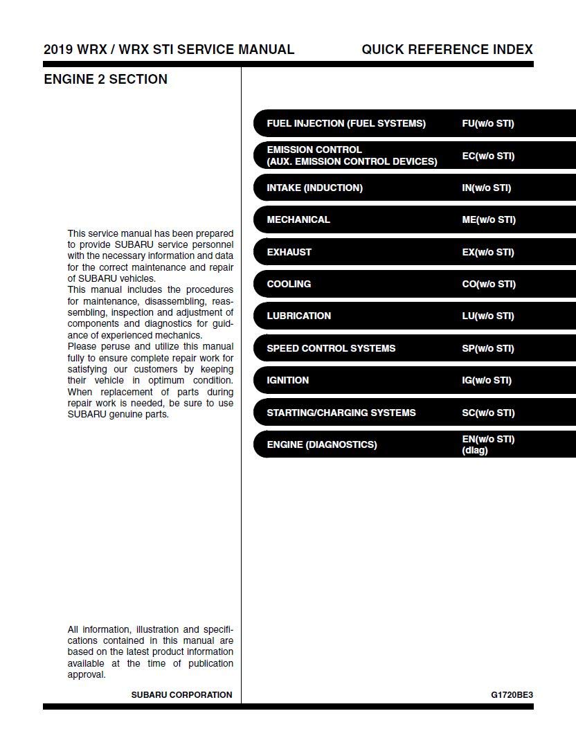 Engine 2 Section of the 2019 Subaru WRX/WRX STI Service Manual CD