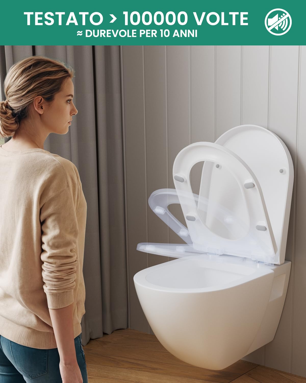 ANYCEE Copriwater con abbassamento automatico, sedile WC in Duroplast, copriwater con antibatterico, a forma di D, coperchio WC con funzione Quick Release universale, bianco