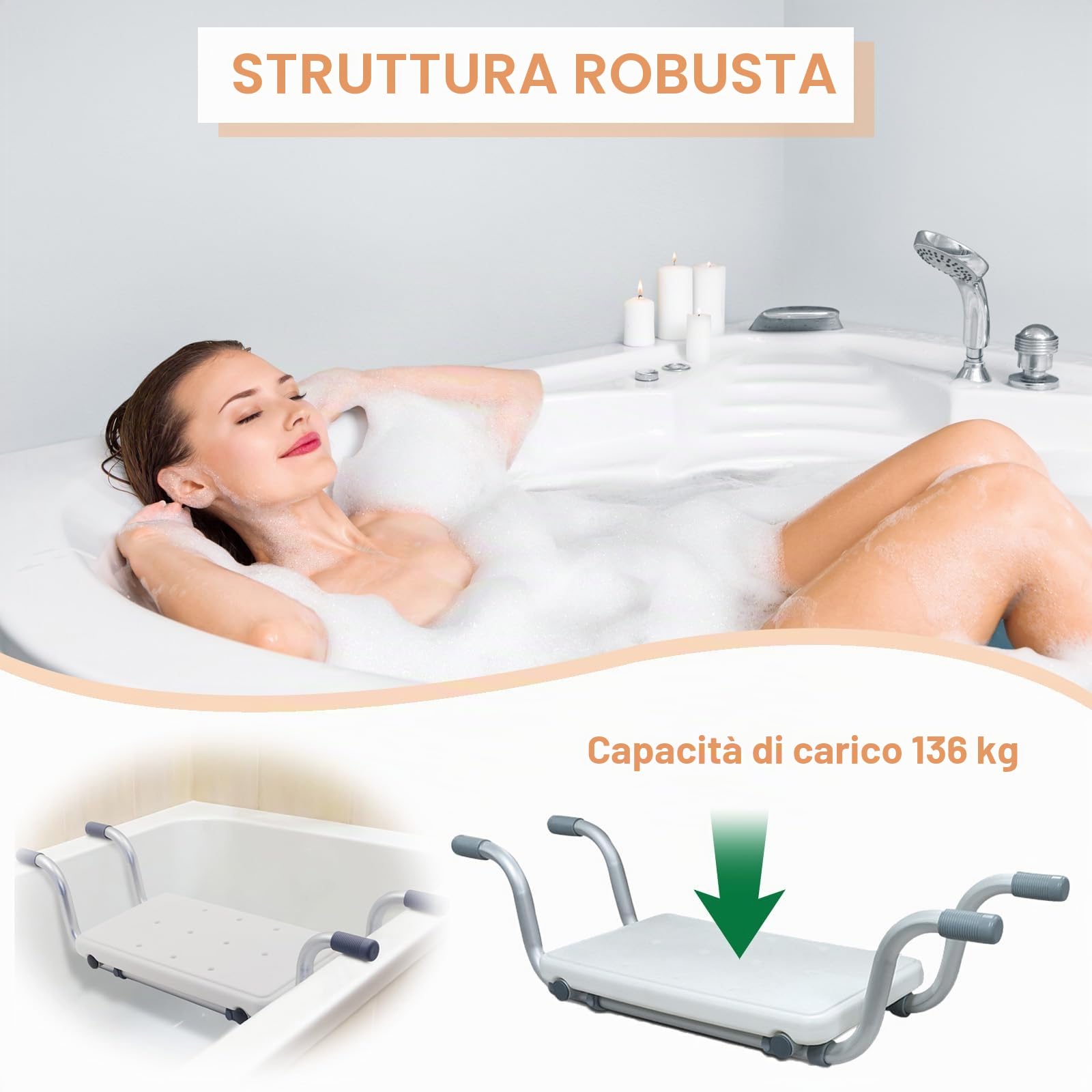 Sedile per vasca da bagno, Sedia per Vasca da Bagno per Anziani estraibile 72-82 cm, portata 136 kg, sedile regolabile per vasca da bagno, ripiano per vasca da bagno