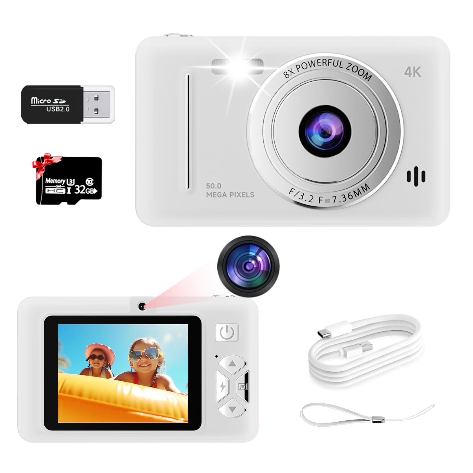 Kids Digital Camera, Dual-Lens Autofocus UHD 4K 48MP Vlogging Camera for Kids with 32GB TF Card, Compact Kids Camera, 8X Zoom, 2.7'' IPS Screen, Anti-Shake, Gift for Kids Teens Beginner