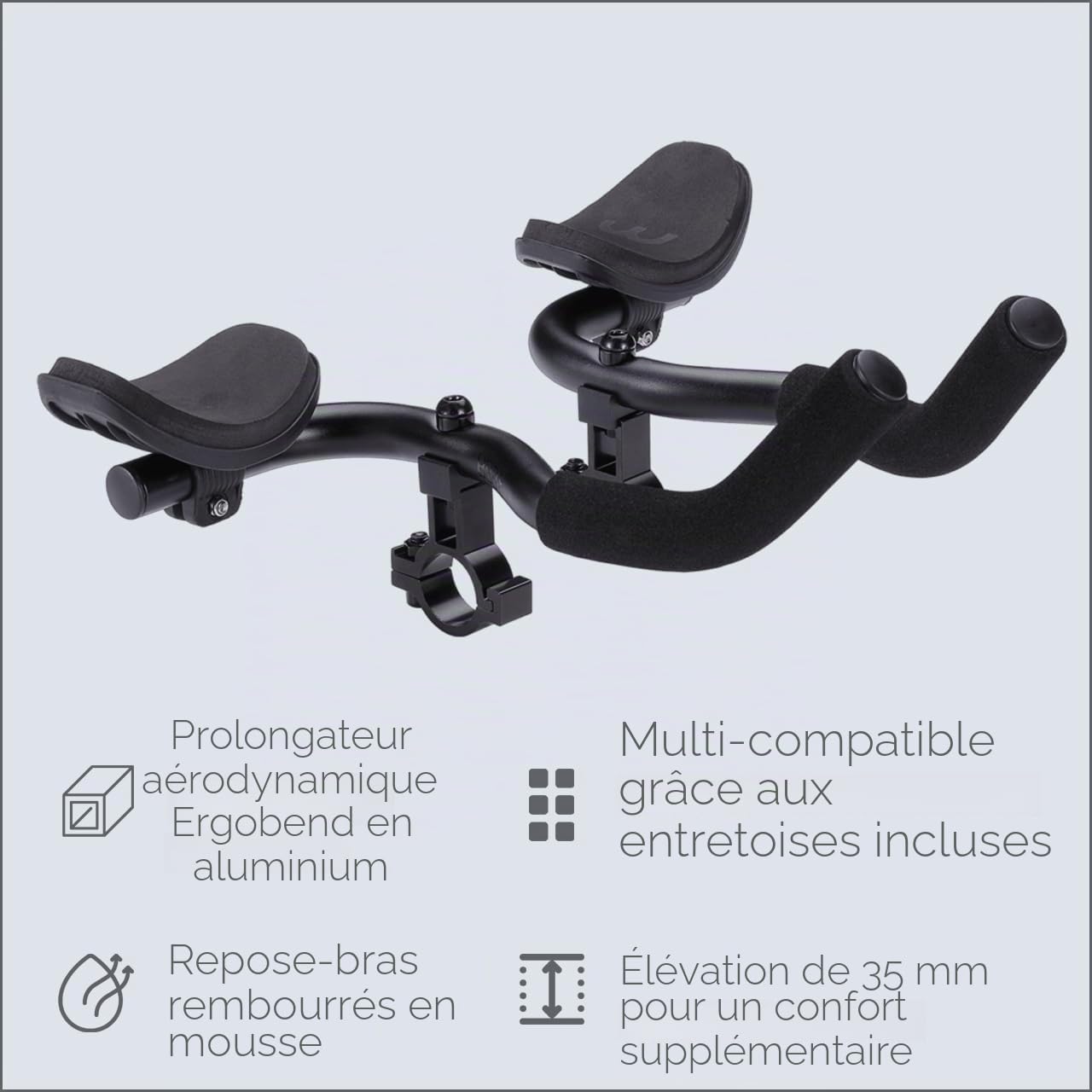 BBB Cycling AeroComfort Aerodynamic Handlebar Attachment - 35 mm Height Aluminium Armrest for Road Bikes and Triathlon - Non-Slip Grips BHB-59