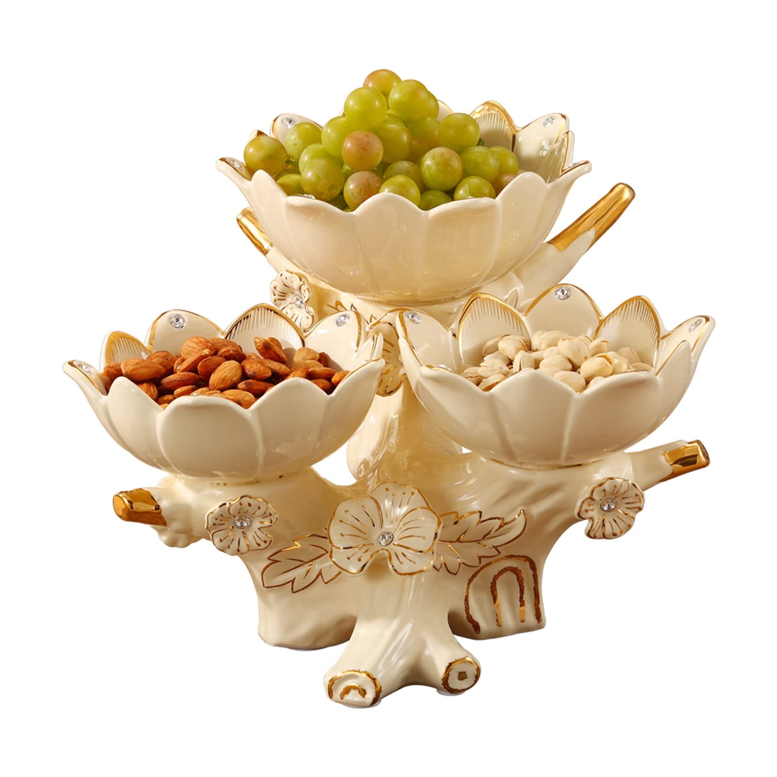 Bol à Fruits en céramique Aspect Lotus Assiette à Fruits secs 3 Compartiments pour collations Noix Fruits secs Bonbons Plateau de Service décoration de,