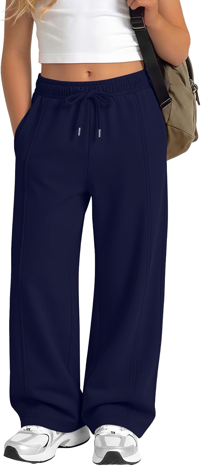 Girls Wide Leg Sweatpants with Pockets | Elastic Waist Athletic Pants, Loose Fit Drawstring Sweatpants with Pockets, Front Seam Track Pants, School Wear Girls 5-14 Y