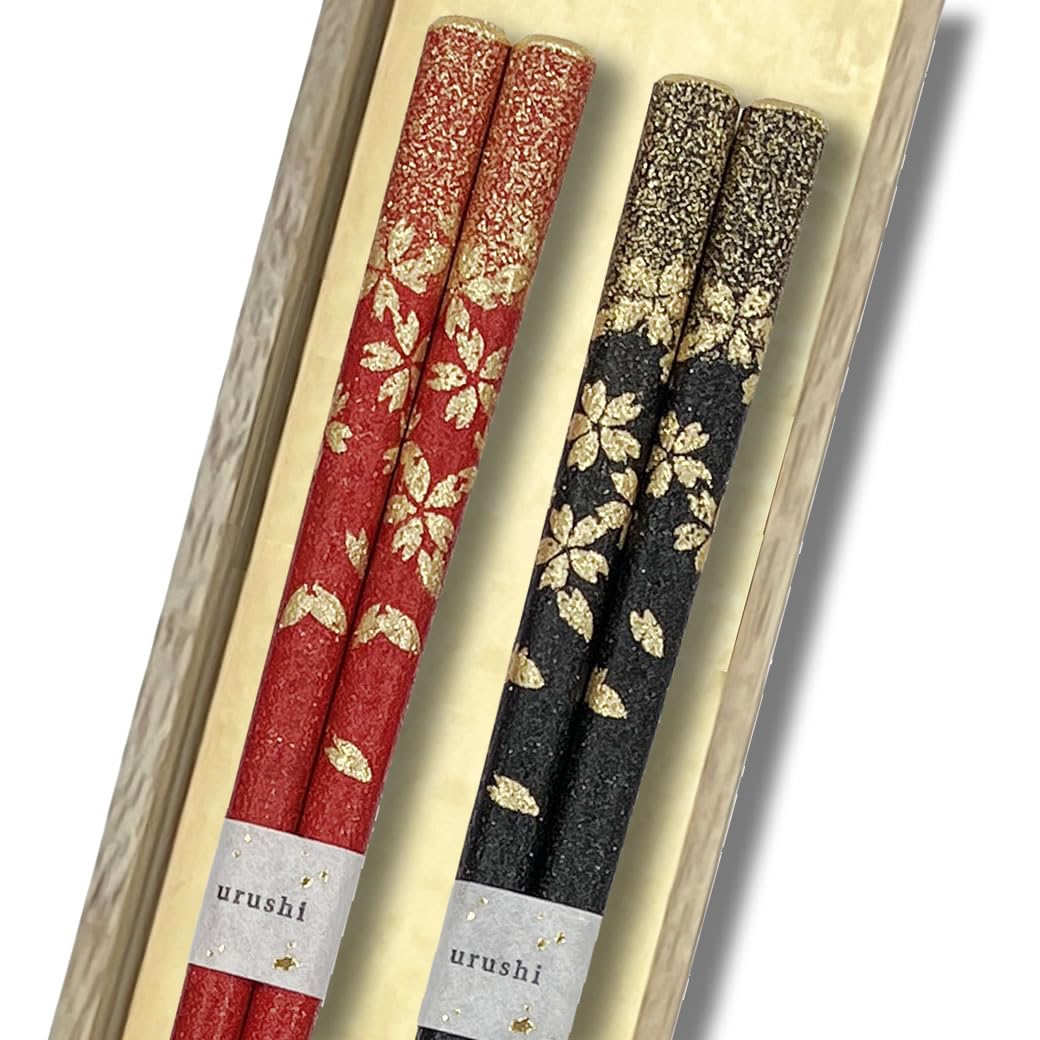 Hashimoto Yukui Lacquerware, Sakura Fububuki, Set of 2, Wanashima Ushi Chopsticks, Dry Lacquer Finish, Comes in Paulownia Box, Made in Japan, Premium, Non-Slip, Matching Couple Chopsticks, Gift